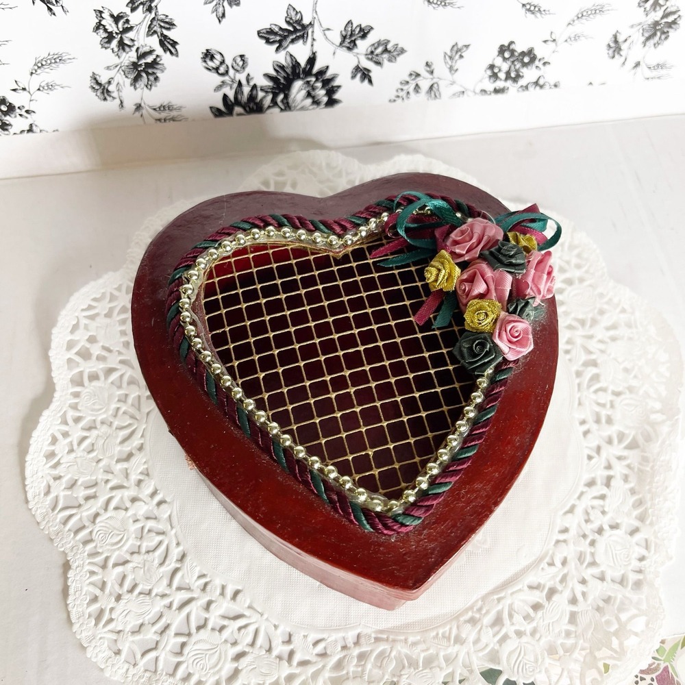 Maroon Painted Cage Heart Trinket Box Vintage Cottagecore Victoriana Home Decor